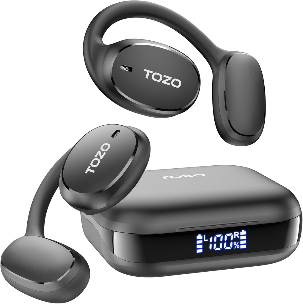 TOZO OpenEgo Otevřít sluchátka Bluetooth Bluetooth, 80hrs Bezdrátové sluchátka s sluchátky, Digitální displej, 32 EQ Modes, Clear Call, Pohodlné oblečení, Sweat- Důkaz pro běh cvičení Black