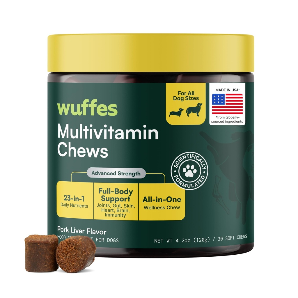 Wuffes 23- in-1 Dog Multivitamin doplněk pro Hip & Joint, kůže & Coat a imunitní systém podpora s Omega 3, železo, zinek, vitamín C - Minerály & Vitamíny pro seniory psy a štěňata - 30 měkkých žvýkání