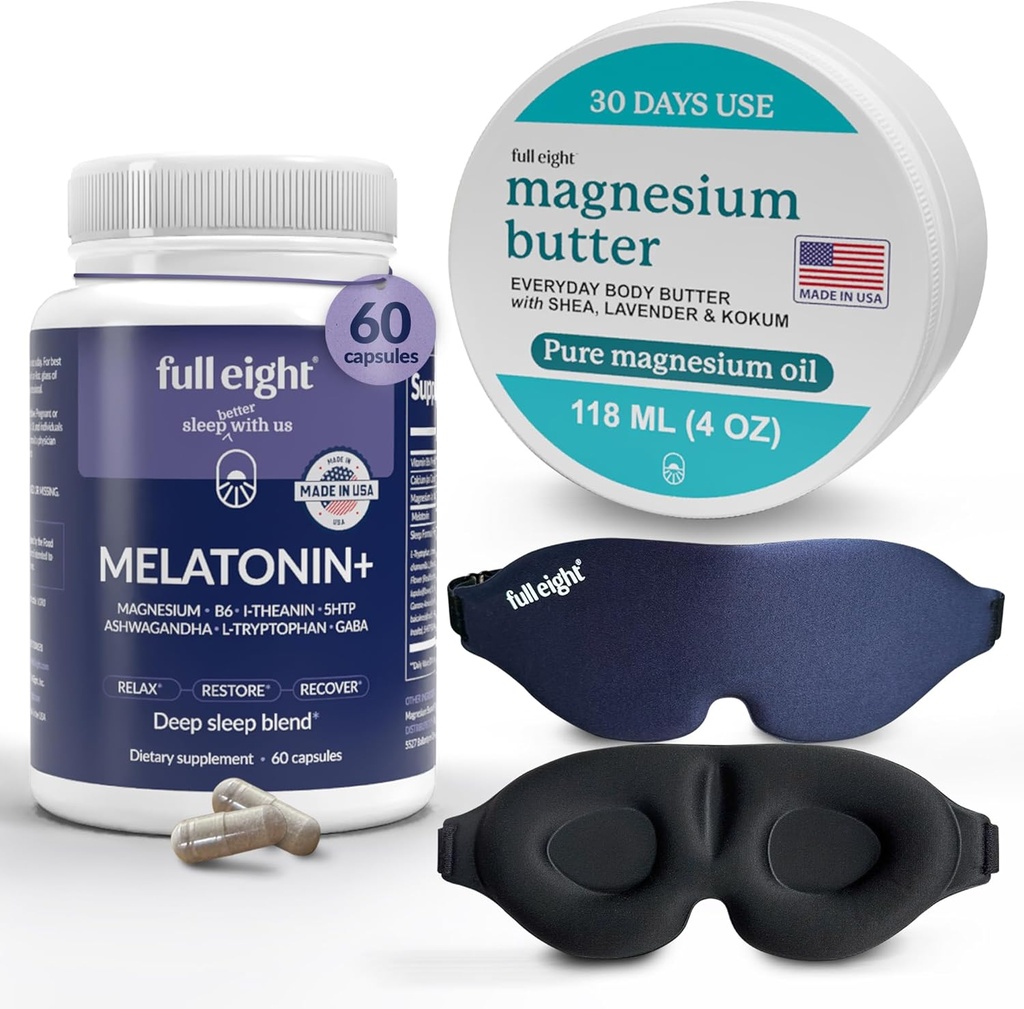 Sleep Bundle: 3D lehké blokování spánková maska, melatonin + rychlé rozpuštění melatonin doplňky 60 Kapsle, a hořčík Tělo máslo pro tensed nohy & těsný svaly, 4oz krém