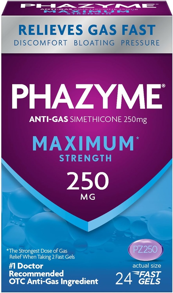 Phazyme Maximum * Síla Anti- Gas 250 mg Simethicone Gas Relief pro dospělé, Rychlé gely Rychlé pocení, Tlak & Discomfort, 24 Počet