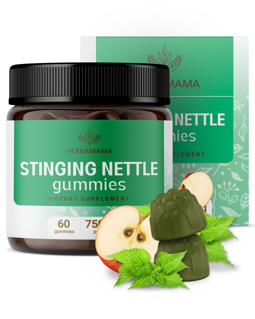 HERBAMAMA StringNettle Gummies - 7500mg StringNettle Root Extract pro podporu močových cest pro ženy a muže - Vegan, Non- GMO Urtica Dioica Dodatek - 60 Pectin- based Apple- Ochucené Chews