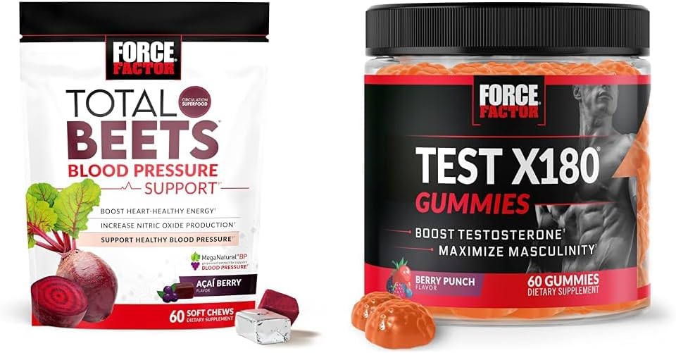 Force Factor Total Beets Blood Pressure Support 60 Chews + Test X180 Gummies Testosteron Booster pro muže 60 Gummies