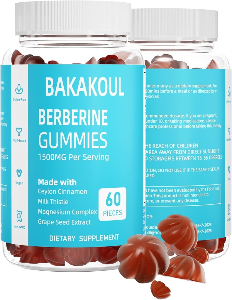 Berberine s Ceylon Skořice Gummies, Sugar- Free Berberine 1500 mg a Ceylon Skořice 500 mg, High potency Berberine Gummies s komplexem hořčíku a Mléko Thistle, 60 Gummies