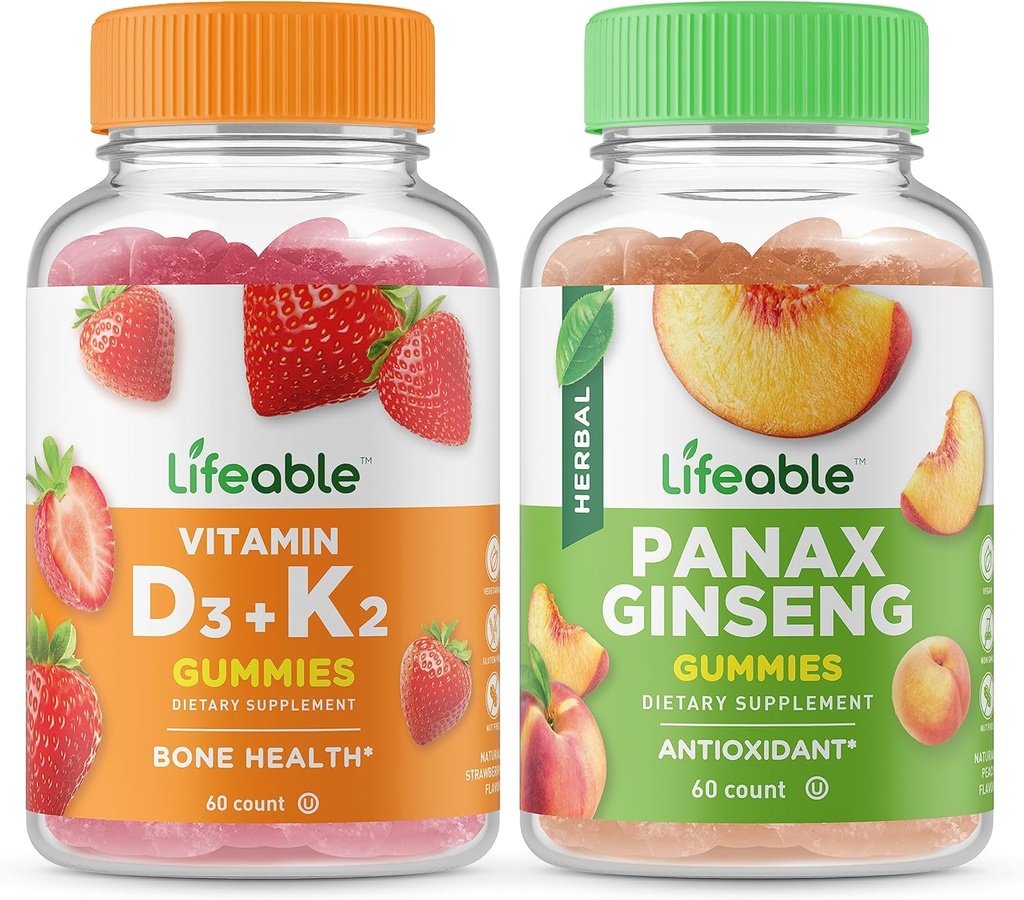 Živý vitamin D3 + Vitamin K2 + Panax Ginseng, Gummies Bundle - Velký přípitek, vitamin dodatek, gluten zdarma, GMO zdarma, Žvýkací žlab