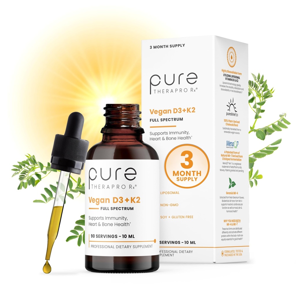 Čisté terapeutické Rx Vegan D3 + K2 Organic 100% Liposomal 10ml Made in USA Isra124; 3 Měsíční zásoba 124; Maximální absorpce vitamin D3 a vitamin K2 doplňky pro muže a ženy, D3 Vitamin 5000 IU