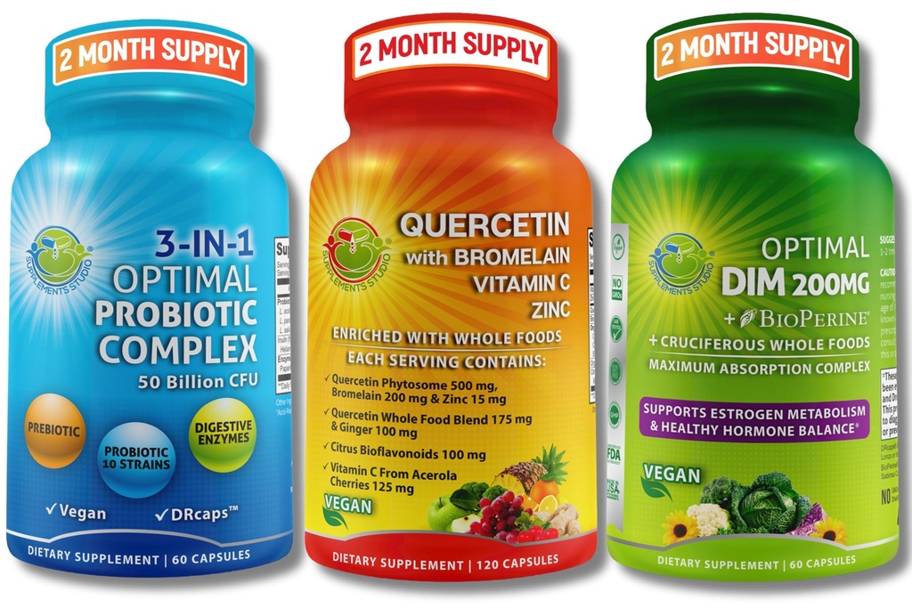 Vegan Hormonal, Immune & Gut Health Support Bundle - Quercetin 500 mg s bromelainem, zinem a vitaminem C + DIM 200mg s BioPerine ® + 3- in-1 Probiotic 50 miliard CFU s trávicími enzymy a prebiotiky