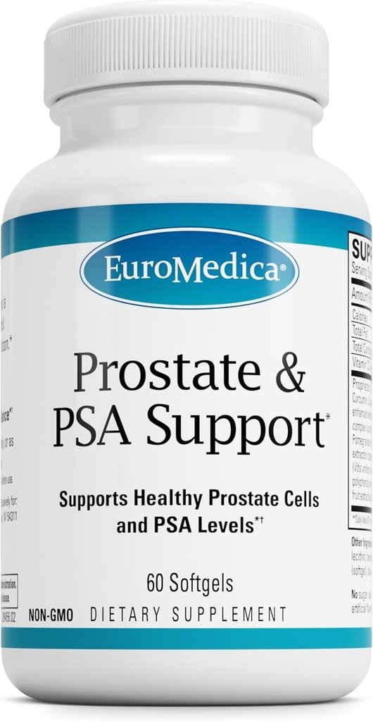EuroMedica Prostate a PSA Support - Dietní dodatek pro zdravou prostatu a hormonální rovnováhu - Bylinný dodatek s kurkumin, turmerický esenciální olej a hroznový extrakt - 60 Softgels