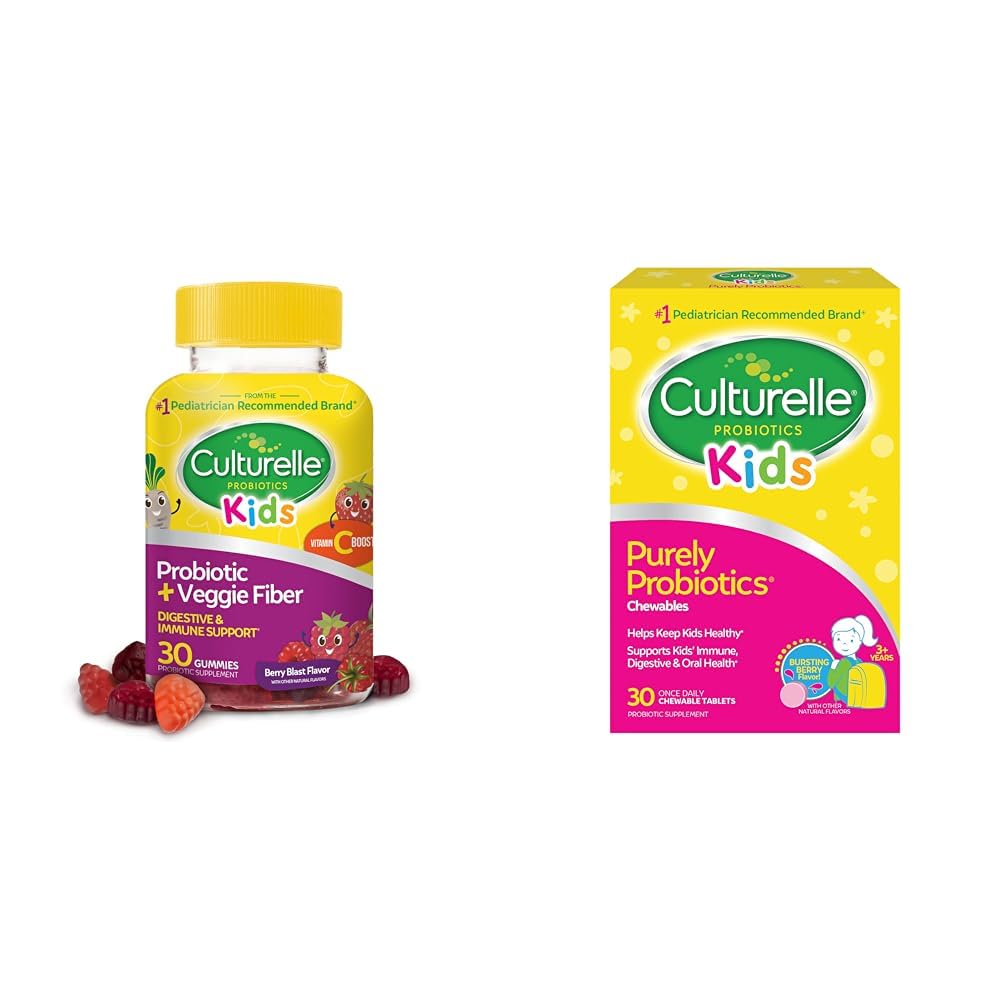 Culturelle Daily Probiotic for Kids + Veggie Fiber Gummies (ages 3 +) - 30 Count & Kids Chewable Daily Probiotic for Kids, Ages 3 +, 30 Count, # 1 Pediatrican- Recommendate