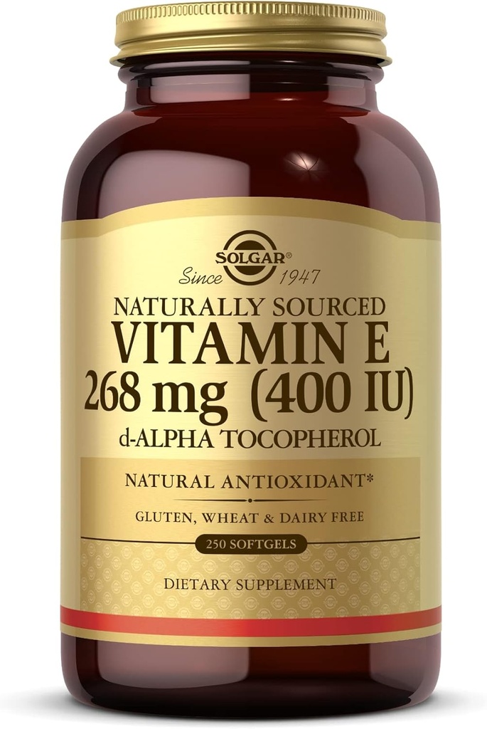 Solgar Vitamin E 268 mg (400 IU) - 250 Softgels - Naturally- Sourced Vitamin E as d- Alpha Tocopherol - Gluten Free, Dairy Free - 250 Servings