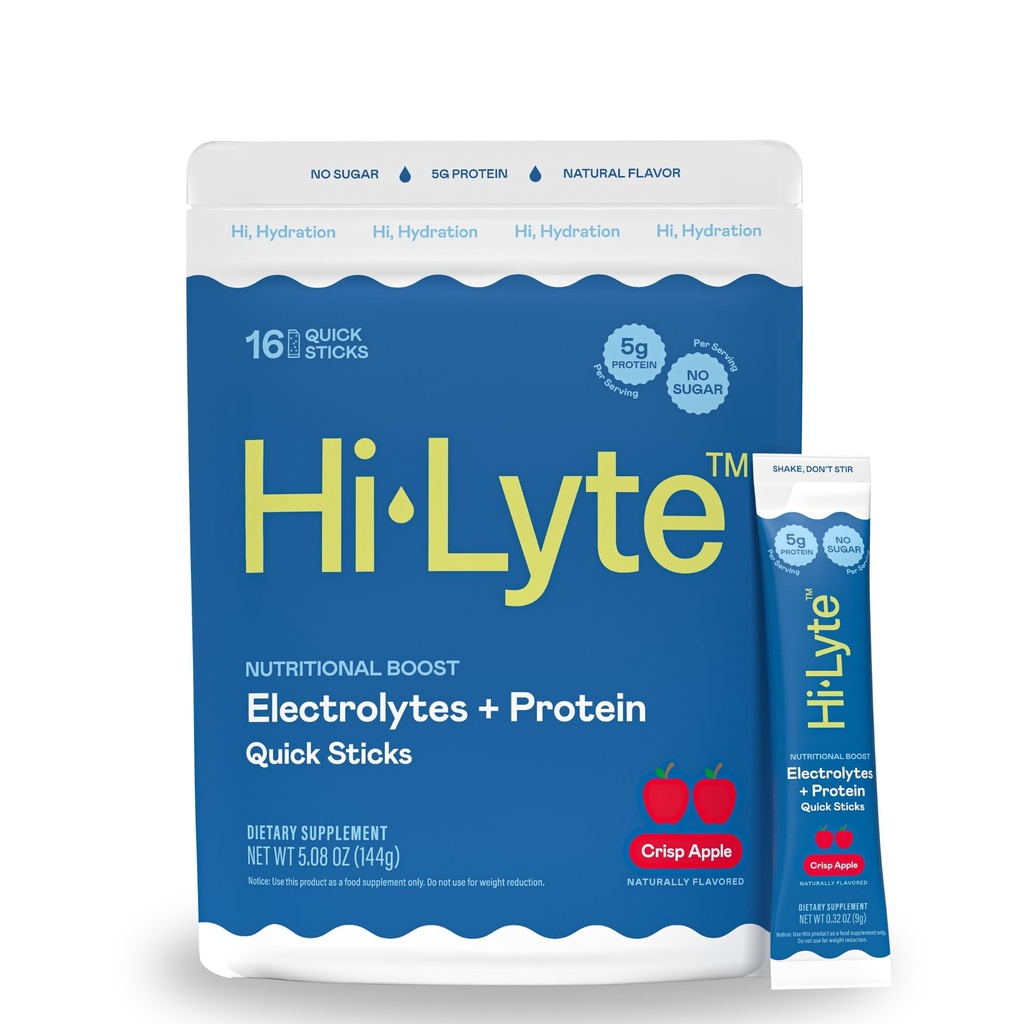 Hi- Lyte Electrolytes + Protein Quick Sticks Crisp Apple, 16 Servings - Sodík, draslík, syrovátkový protein - Keto Friendly - 5g protein, bez cukru