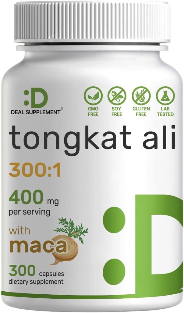 DEAL SUPPLAMENT Tongkat Ali Extract 300: 1 400mg & Maca Root 400mg IR 124; 300 Kapsle, Ultra síla Longjack (Eurycoma Longifolia) + Peru Maca - Non- GMO, Bylinný dodatek pro muže zdraví, Performance