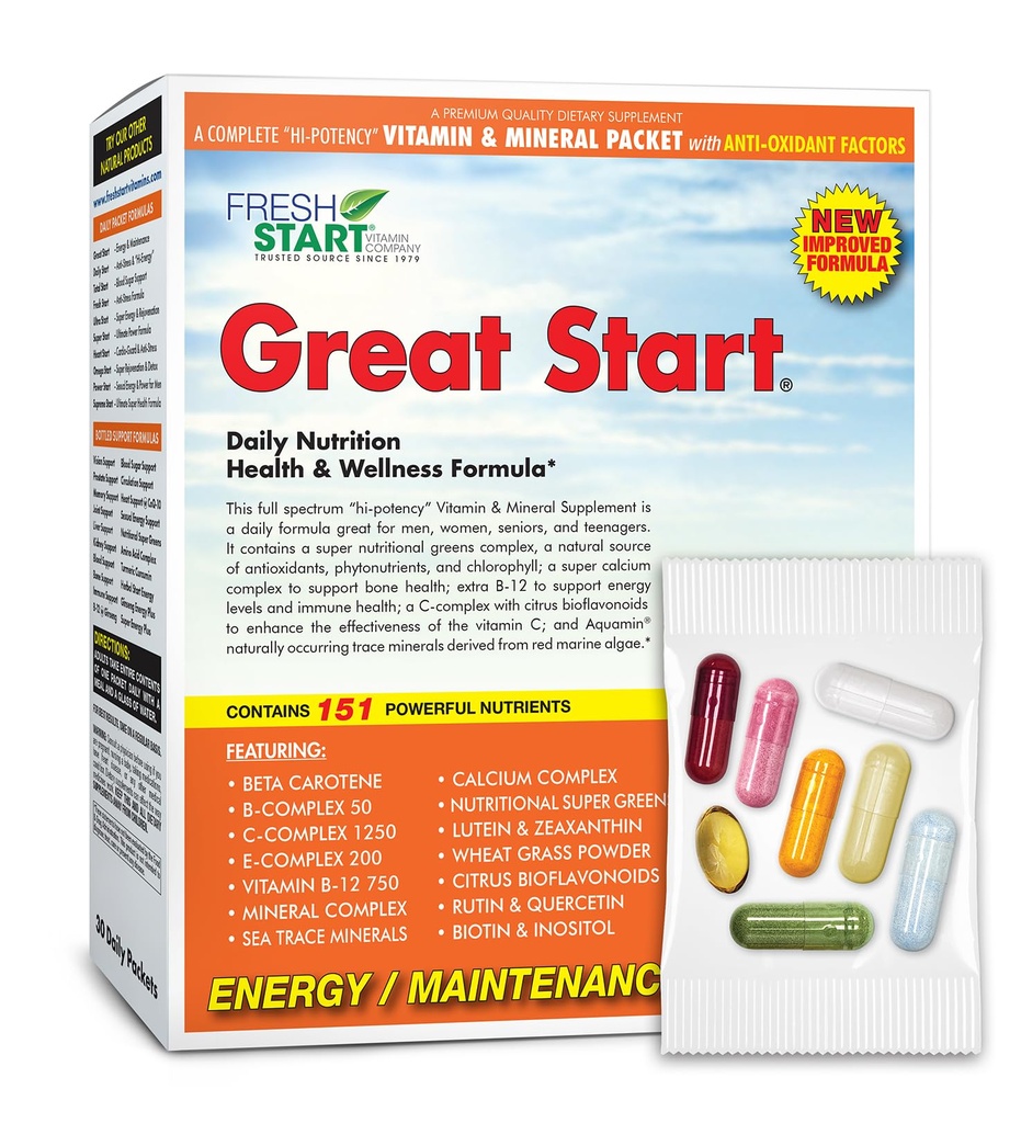 Velký start kompletní denně vitamin Pack 124; Energie & Essentials CLAS124; Vitamin A, B, C, D, E, B12, Biotin, Minerály, vápník, hořčík, zinek, Super zelené (30 Packets)