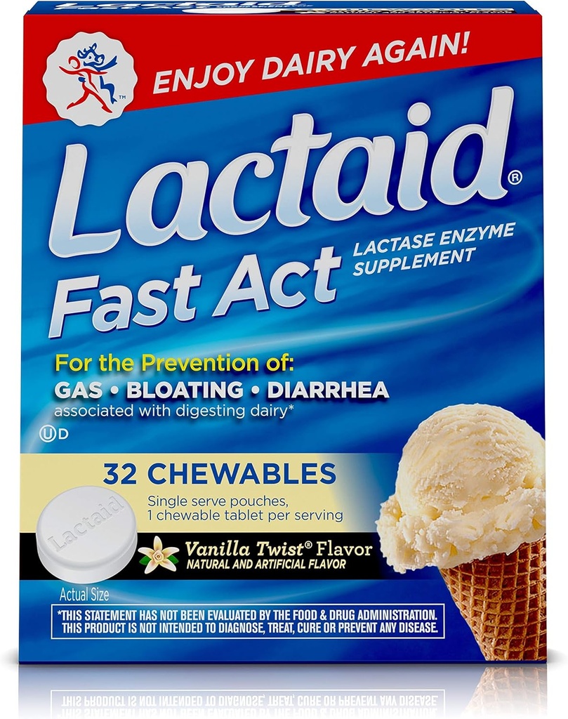 Lactaid Fast Act Lactosa Intolerance Chewables with Lactase Enzymes, Vanilla Twist, 32 Pks of 1-ct.