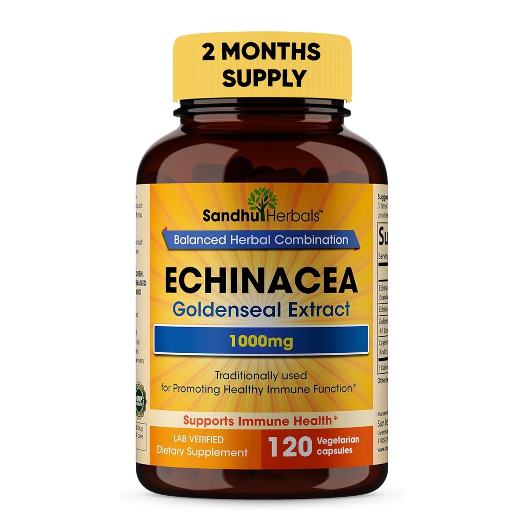 SANDHUHERBALS Sandhu Herbals Echinacea Goldenseal 1000 Mg 120 Kapsle 124; Podpora imunitního systému Respirační reakce Zánět reakce Dodatek