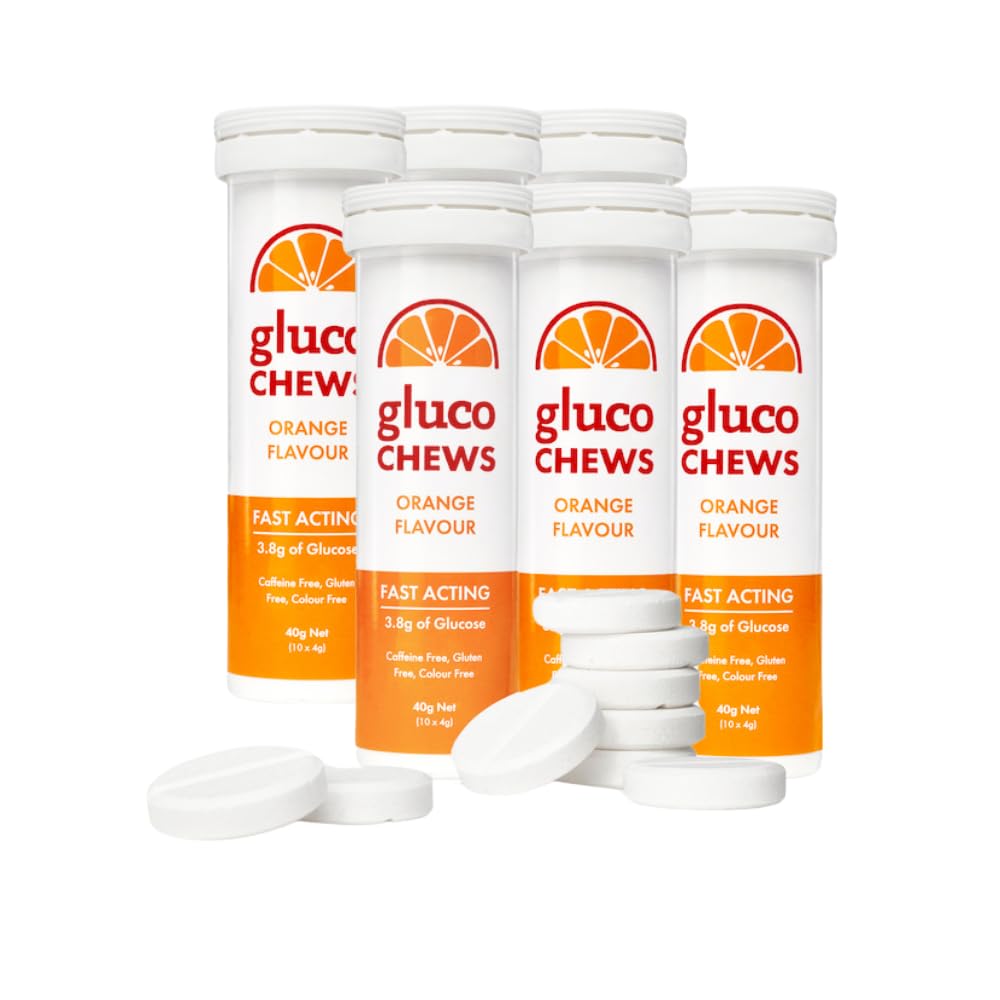 Glucochews Orange Glucose Tablety - 60 Tablety (10 per Tube, 6 Pocket- Sized Tubes) - 3.8g Fast- acting Glucose Each - Boops Energy & Blood Sugar - Gluten- Free, Fat- Free, Caffeine- Free