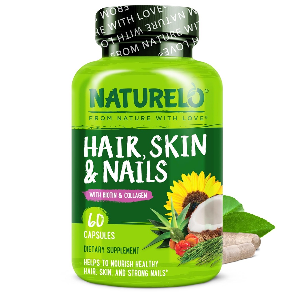 NATURELO vlasy, kůže a nehty Multivitamin - 5000 mcg Biotin, kolagen, přírodní vitamín E - dodatek pro zdravou pleť, růst vlasů pro ženy a muže 60 Kapsle