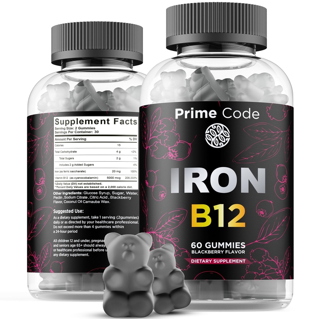 Vitamin B12 Gummies pro ženy a muže, 20mg doplněk železa pro dospělé, Free Blood Builder pro anemii, Vitamin B12 Gummies s železem a přírodní Blackberry Flavor, Vegan, Non- GMO, 30 denní zásobování