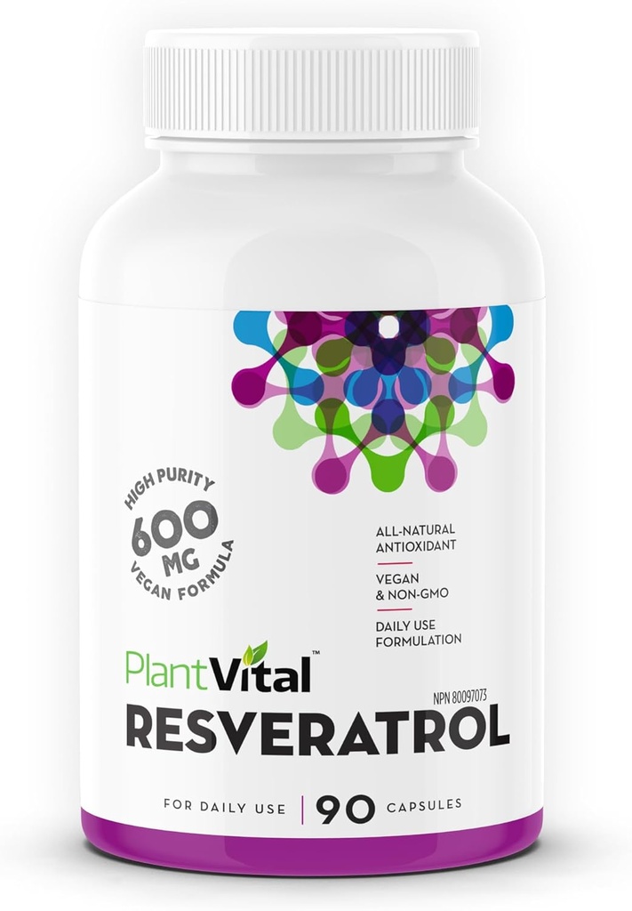 Plantvital Resveratrol 600mg - 90 Vegan Resveratrol Kapsle - Vysoká čistota Trans Resveratrol Dodatek - Antioxidant - Non- GMO, gluten- bez