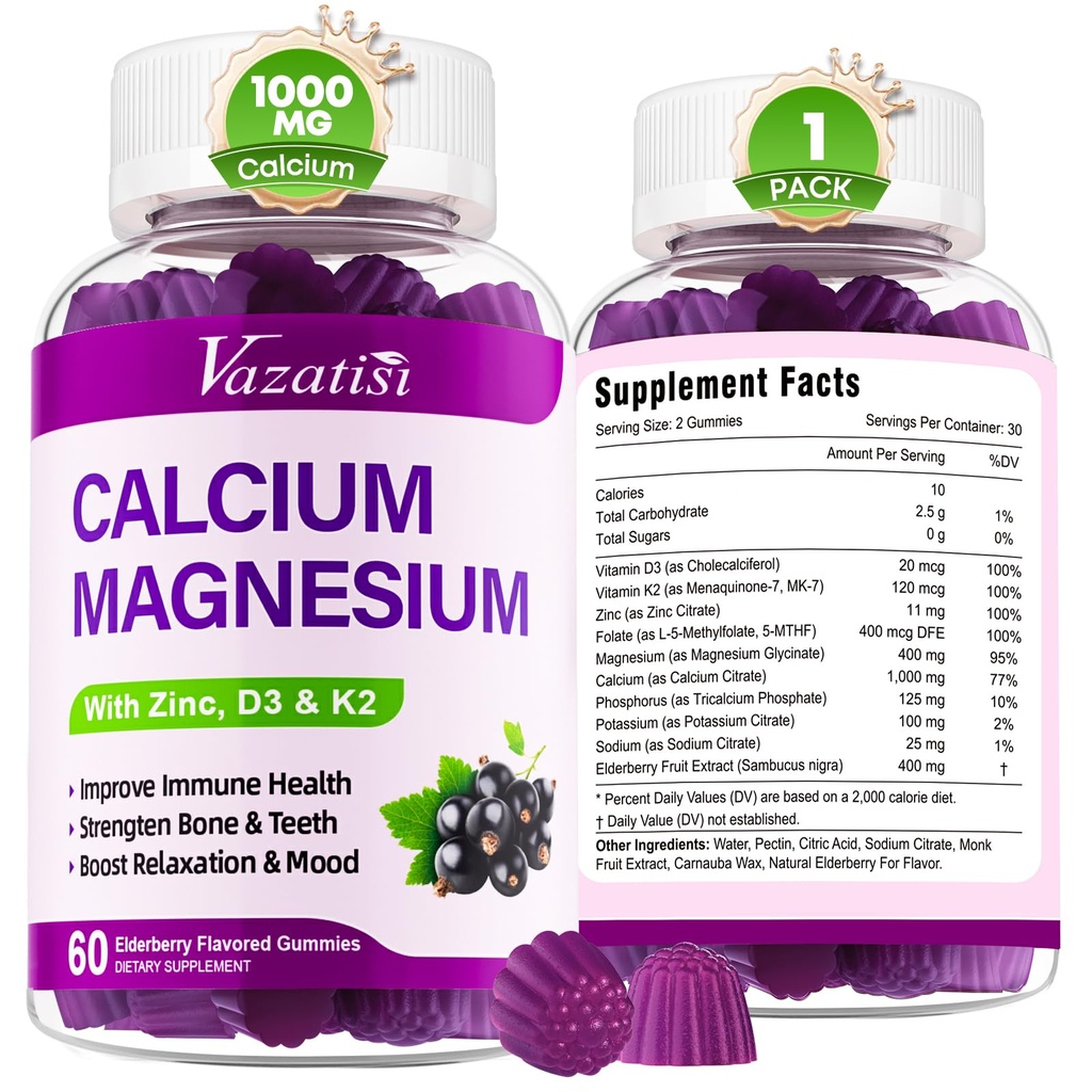 Zinkové gumy vápníku s vitaminem D3 a K2, vysokou absorpcí Glycinátu hořečnatého Draslík pro imunitu a svalovce, Vegan Elderberry Flavor 60 Gumy