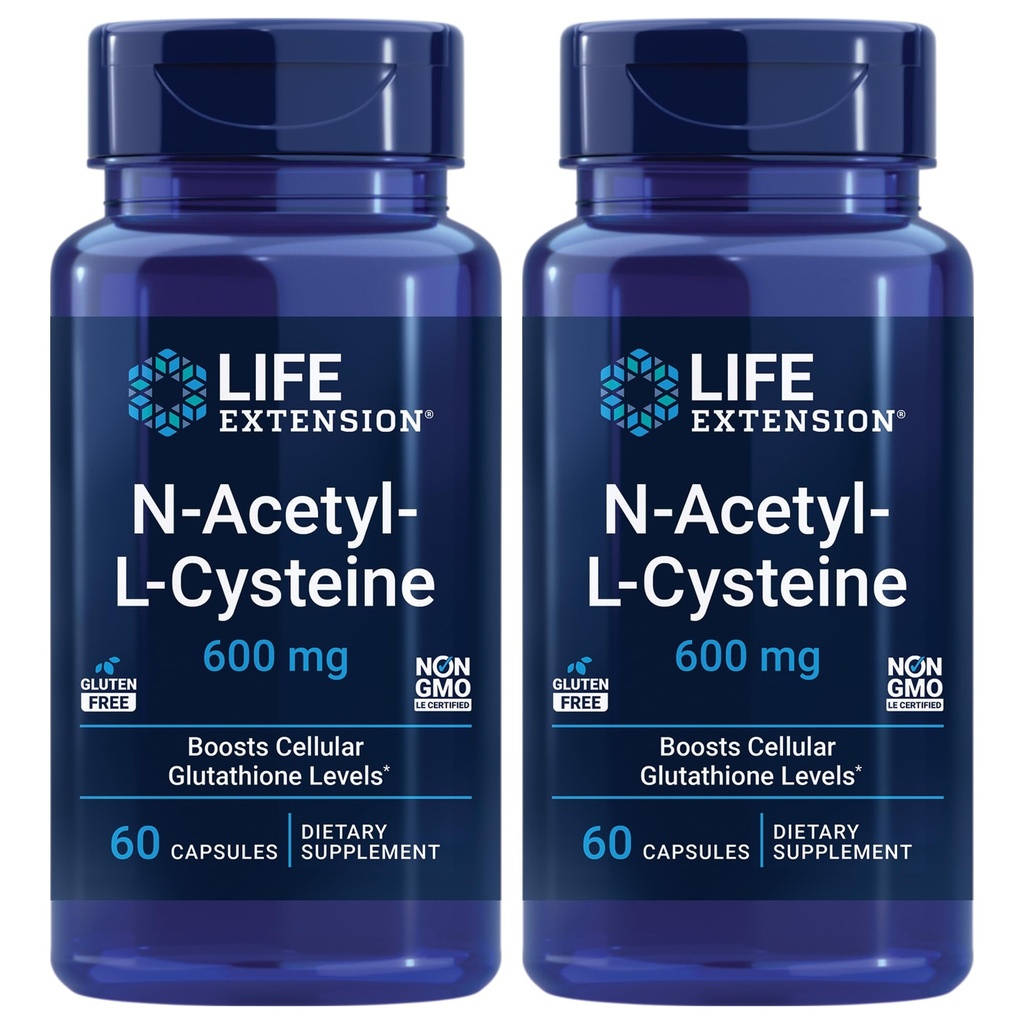 Life Extension N- Acetyl- L- cystein (NAC), Imunitní reakce, Respirační zdraví, Zdraví jater, NAC 600 mg, antioxidant Defense, Free radikály, Easy to Absorb - Two Pack x 60 Kapsle