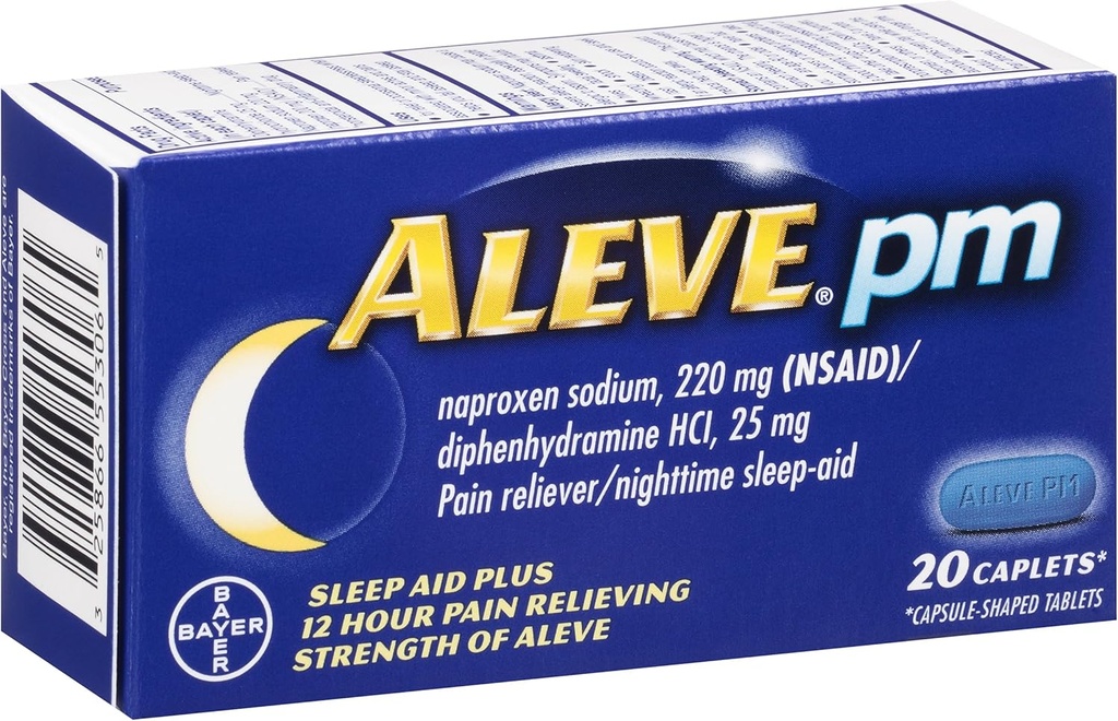Aluve PM Caplets, Naproxen Sodná sůl 220 mg (NSAID) / difenhydramin HCl 25 mg, Pain Reliever / Nighttime Sleep- Aid, Non- Habit Forming, 20 Count