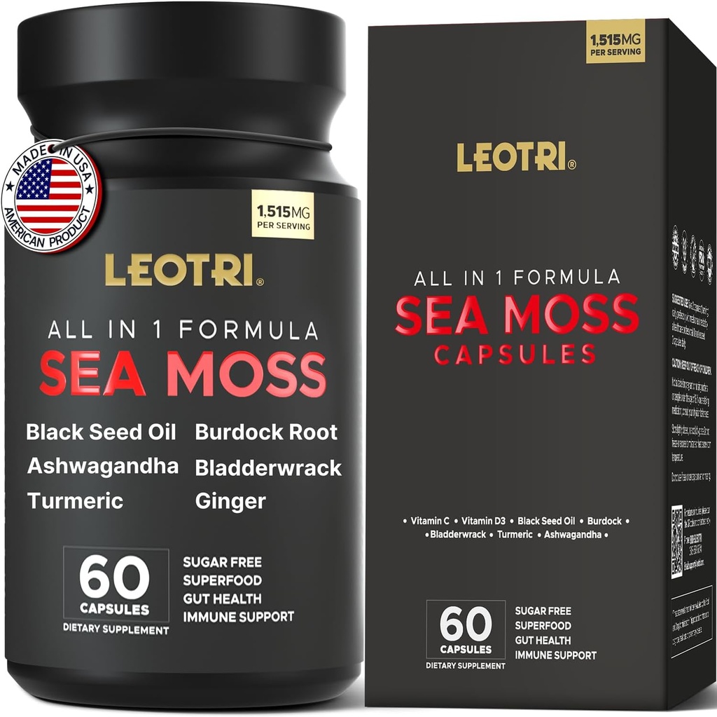 Organic Irish Sea Moss Kapsle: Moss 10500mg Black Seed Oil 6000mg Turmeric 3000mg Ashwagandha 3000mg Bladderwrack 3000mg Burdock Root 3000mg Ginger for Skin Gut Health Superfood 60 Kapsle