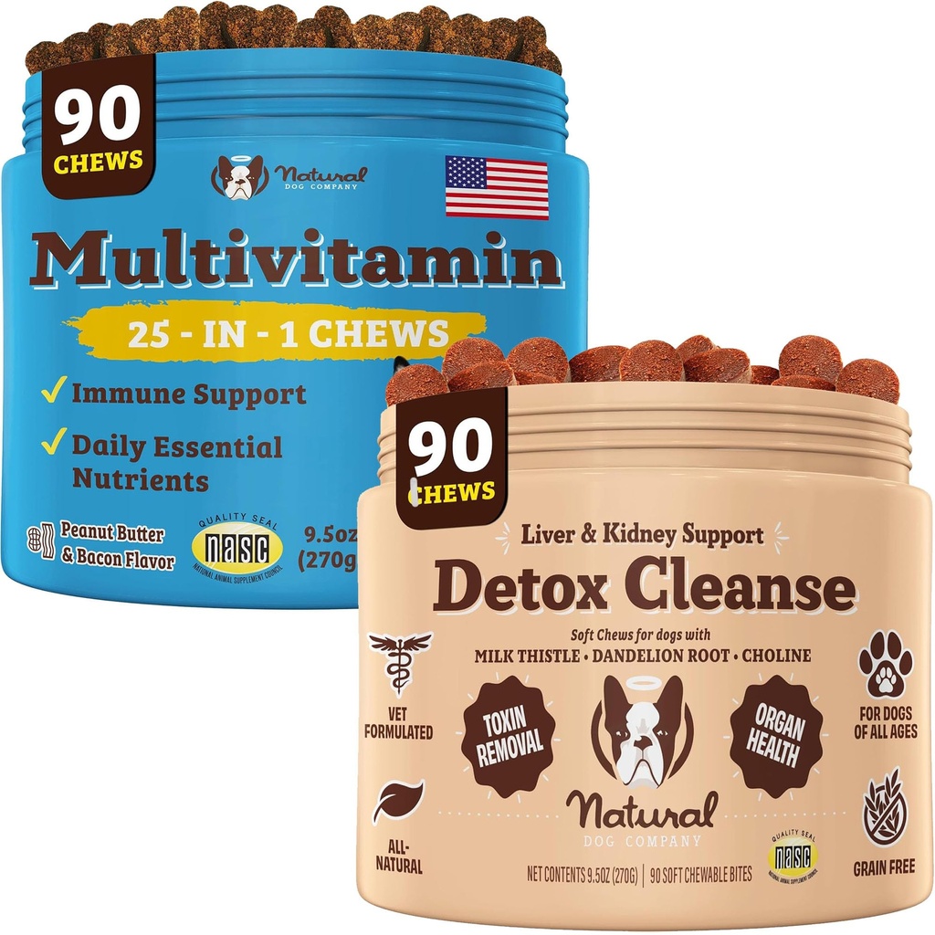 Natural Dog Company Multivitamin & Játra & Ledviny Chews Bundle - Komplexní zdravotní podpora pro seniory psů, Podporuje detoxikaci, Zlepšení trávení, Radiant kůže & Coat, Snadná aplikace