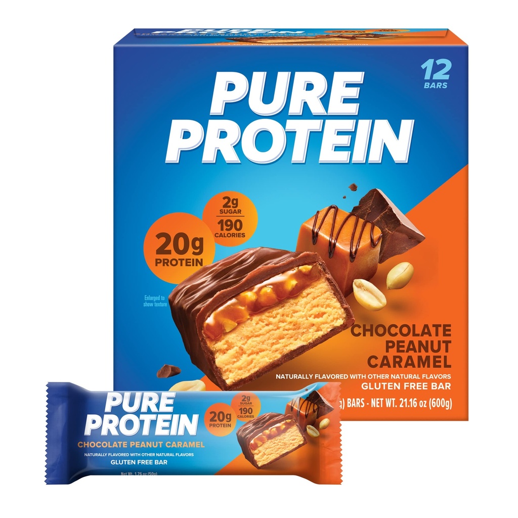 Čisté proteinové tyčinky, vysoký protein, výživné svačiny na podporu energie, nízký cukr, gluten zdarma, čokoládový arašídový karamel, 1.76oz, 12 Počet (balení po 1) (Balení květen Vary)