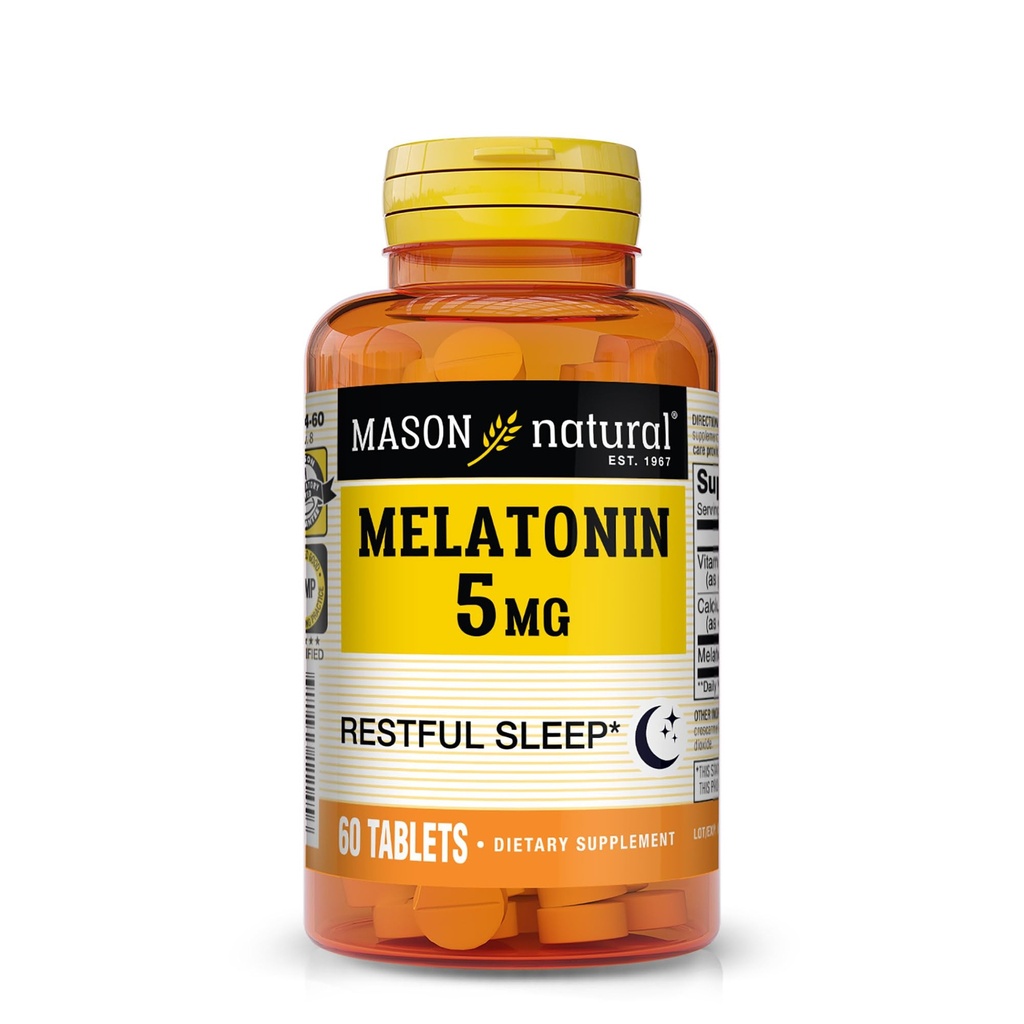 Mason Natural Melatonin 5 mg s B6 & vápník, přírodní spánková pomoc, podporuje klidný spánek, 60 tablet