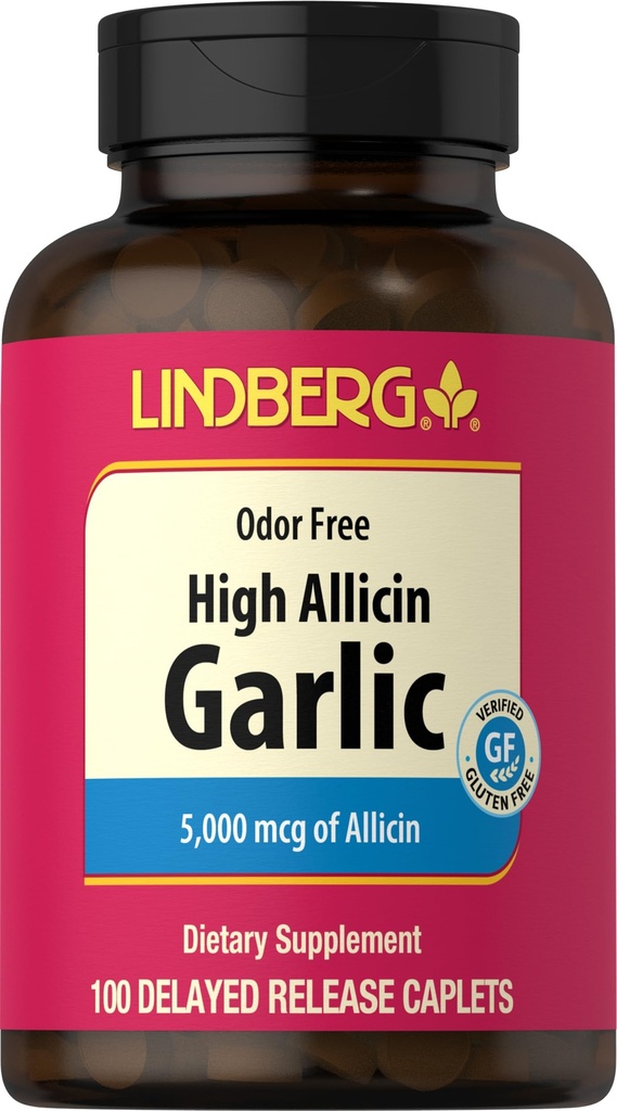 Lindberg Garlic Supplement Pills 124; 500mg Supplium 124; 100 Caplet Supplium 124; Odorless s vysokým alicinem (5000mcg) Duplica124; Allium Sativum Extract 124; Non- GMO, gluten zdarma
