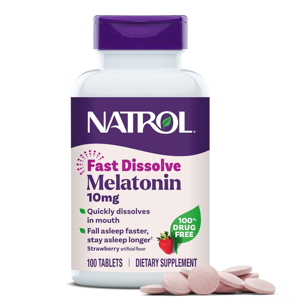 Natrol Melatonin 10mg Fast Disolt Tablety - Jahodové ochucení, 100 Počet, Podpora spánku, Rychlé rozpuštění melatonin pro dospělé, 100- denní zásobování