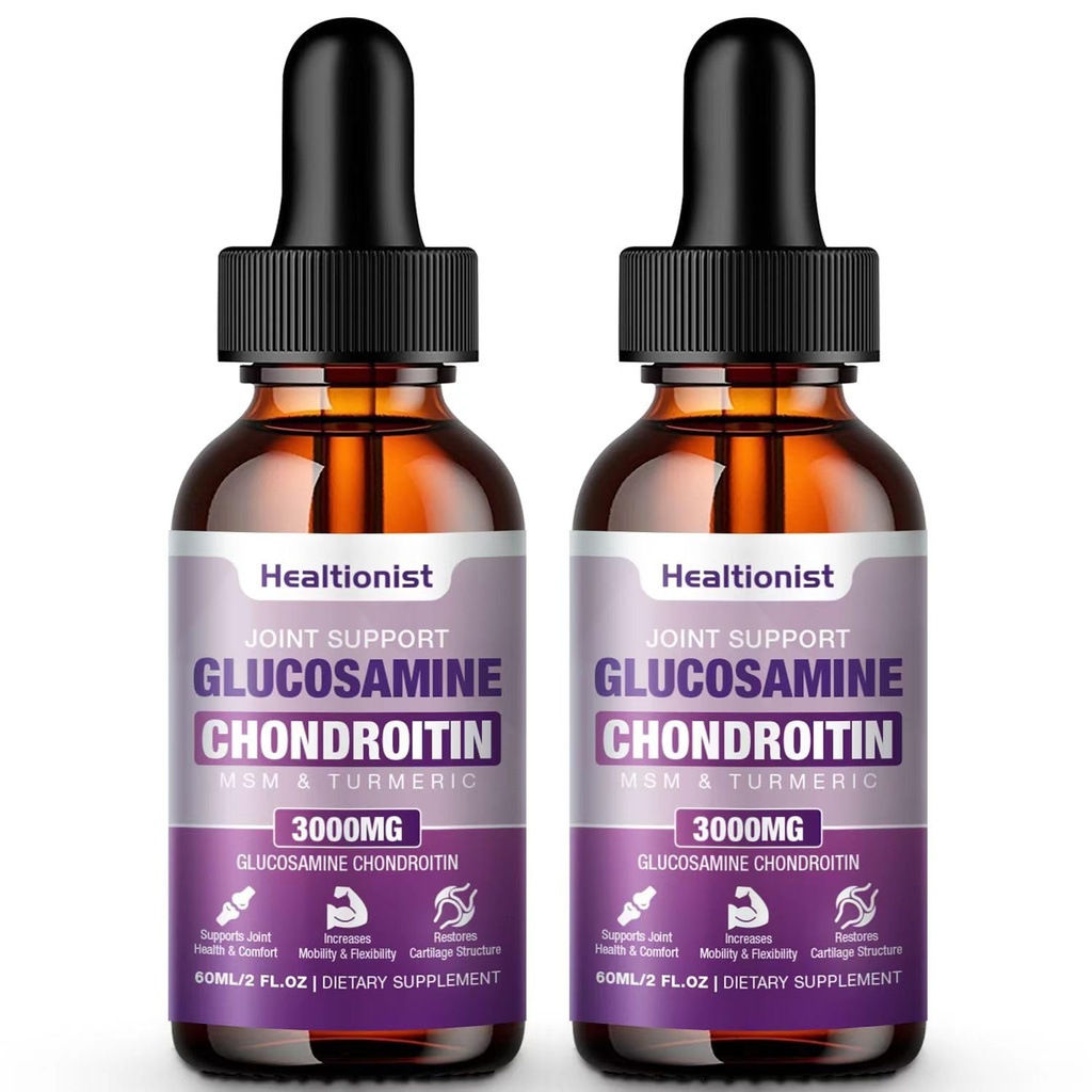 2 Pack Glucosamine Chondroitin MSM Liquid Drops, Extra síla Společná podpora Dodatek pro dospělé muže a ženy, Quercetin Boswelia, Bromelain, Antioxidační imunitní podpora (4 Fl oz)