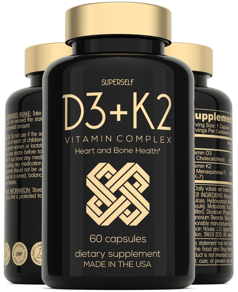 Vitamin D3 K2 Kapsle - Vitamin D3 5000 IU a Vitamin K MK7 100mcg - 60 Kapsle - USA Made Vegetarian vitamin D Dodatek - Vysoká síla VIT D pro kosti, svaly, zuby, imunitní systém