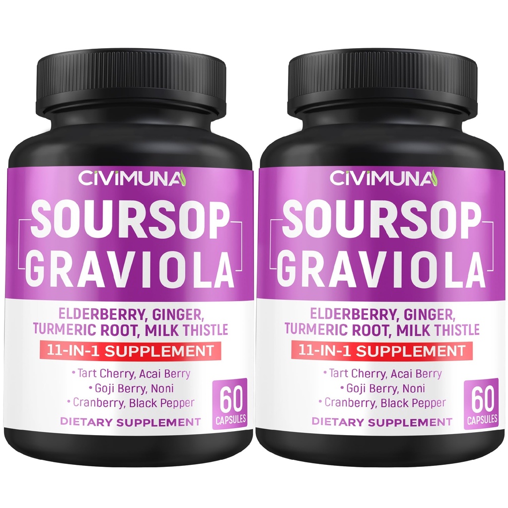 Soursop Graviola Kapsle s Elderberry, Kurkumin a více - 120 Kapsle pro 4 měsíce Dodávka (Balení po 2)