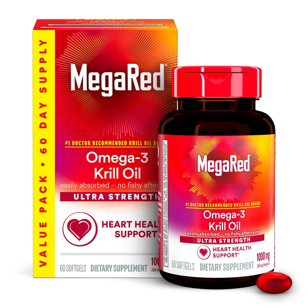 MegaRed Ultra Strength 1000mg Omega33 Krill Oil Supplement with EPA / DHA, Astaxanthin & Fosfolipids, No Fish Oil Aftentact Supports Heart, Brain, Joint and Eye Health, 60 Count Softgels.