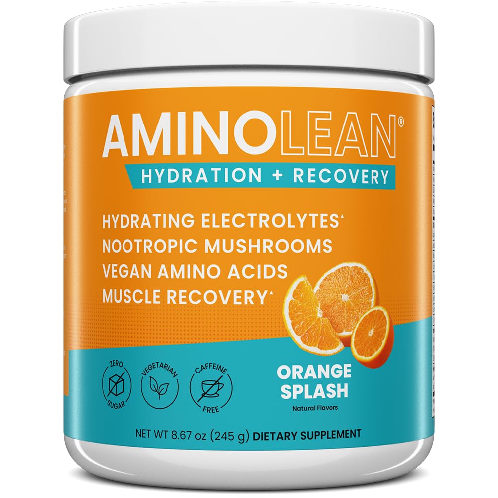 AminoLean Hydratační Electrolyte Powder and Recovery Drink with Sea Minerals, Nootropní houby, a Vegan Amino Acids, BCAA + EAA for Post Workout Muscle Building, Orange Splash