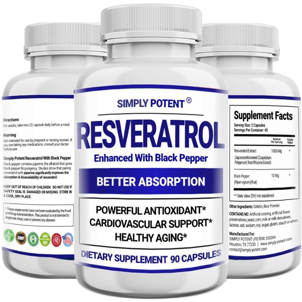 Resveratrol 1000mg dodatek, Trans Resveratrol 500mg, Resveratrol Enhanced with Black Pepper for Max Absorpce, Výkonný antioxidant & Anti- Aging pilulky pro srdce, Imunity & Skin Health, 90 Kapsle