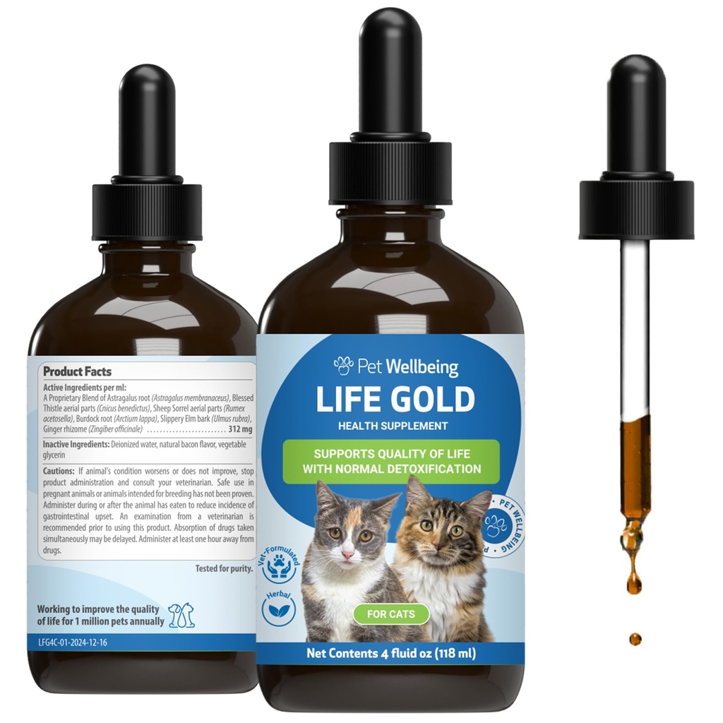 Pet Wellbeing Life Gold pro kočky - podporuje detoxikaci, imunitní systém zdraví, antioxidanty - Vet- Vydávaný bylinný doplněk - 4 oz (118 ml)