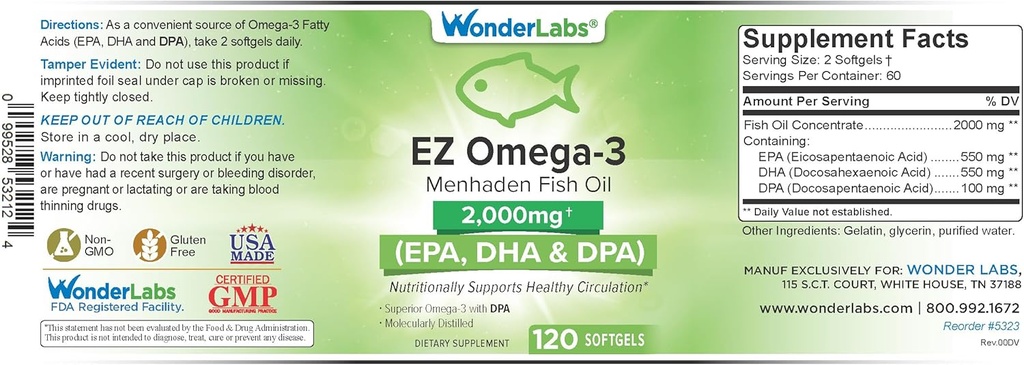 EZ Omega-3 Atlantic Menhaden Fish Oil Supplement 2000 mg, Burless, Made in The USA, Perfektní rovnováha EPA + DHA + DPA 120 Softgels