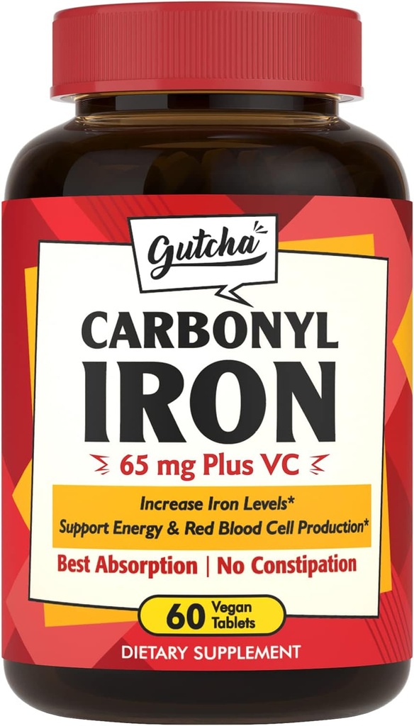 Železo dodatek, 65 mg karbonyl železo plus vitamin C, Energie a krevní podpora pro ženy a muže, lepší absorpce, Jemně na žaludku, No Nausea, No zácpa, Vegan, Non- GMO, 60 Ct