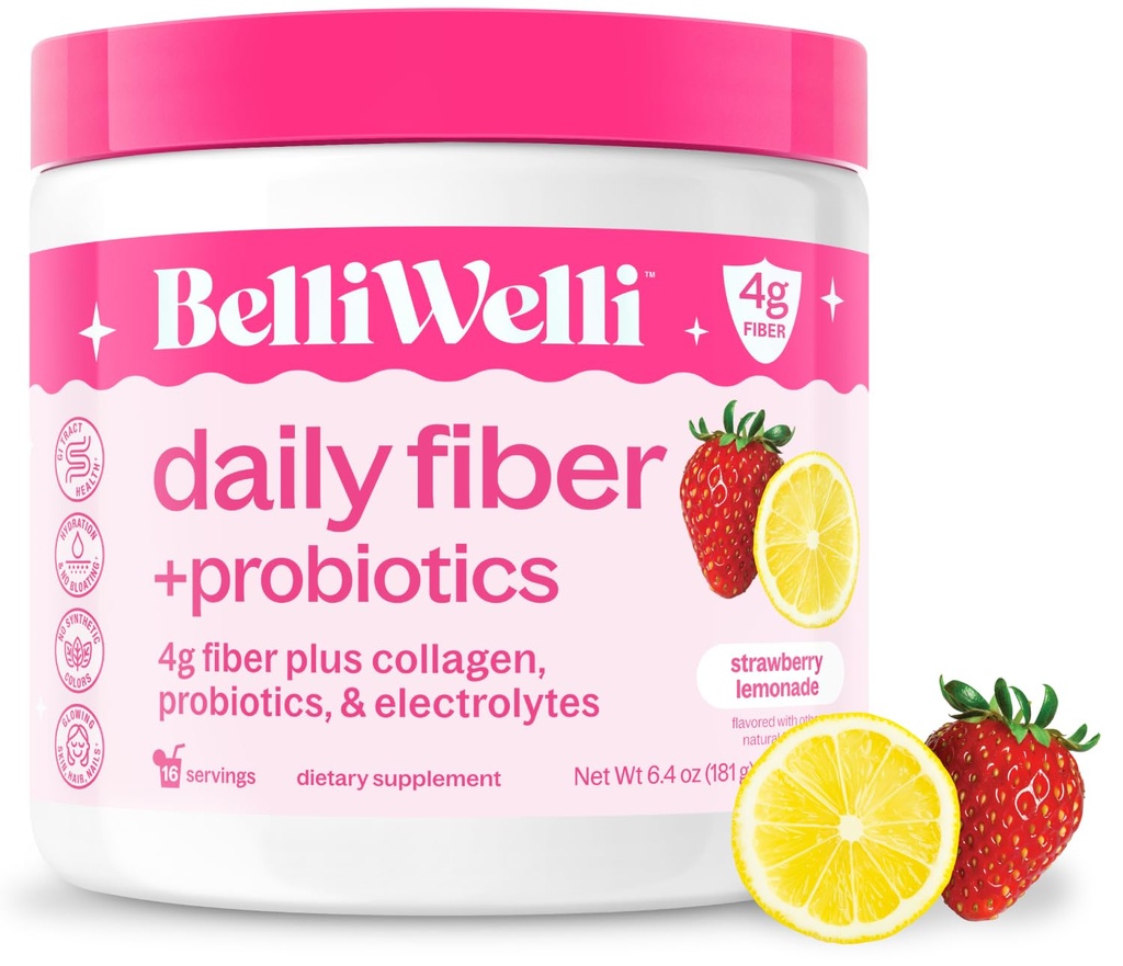 Belli Welli Fiber dodatek pro ženy a muže, Premium Daily Fiber Powder from Organic Acacia with Added Collagen, Electrolytes & Probiotics, No Bloat, Zácpa & Gut Health Support (Strawberry Lemonade)