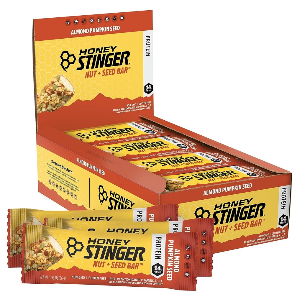 Med Stinger Nut + Seed Bar, Mandle dýně semeno, protein balení potravin pro cvičení, Vytrvalost, Výkon a zotavení, Sportovní nutriční Snack Bar pro domácí & Gym, Post Workout, Box of 12