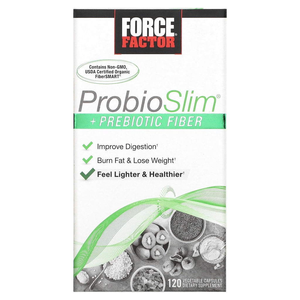 Force Factor ProbioSlim + Prebiotic Fiber Weight Loss Dodatek pro ženy a muže, Probiotic a Prebiotic Digestive Health Support with Green Tea Extract and Psyllium Husk Fiber, 120 Kapsle