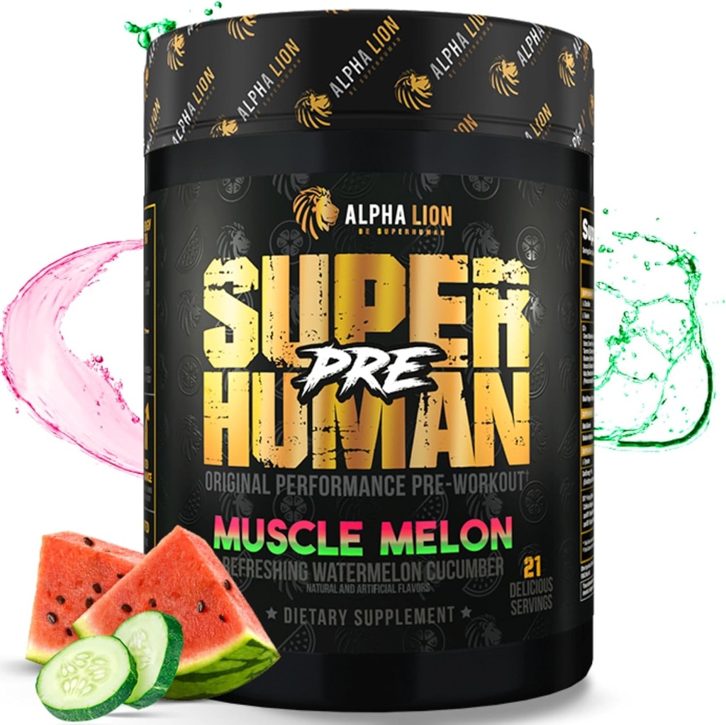 ALPHA LION Superhuman Pre Workout Powder, Beta Alanine, L- Taurin & Tri- Source Caffeine for Setrvalá energie & Focus, Nitric Oxide & Citrulline for Pump (21 Servings, Muscle Melon)