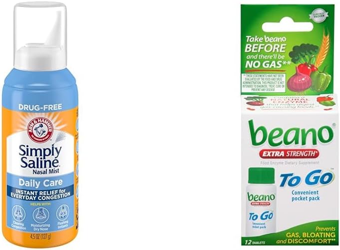 Arm & Hammer Simply Saline Nasal Spray 4.5oz & Beano to Go Gas Relief Tablety 12 Počet