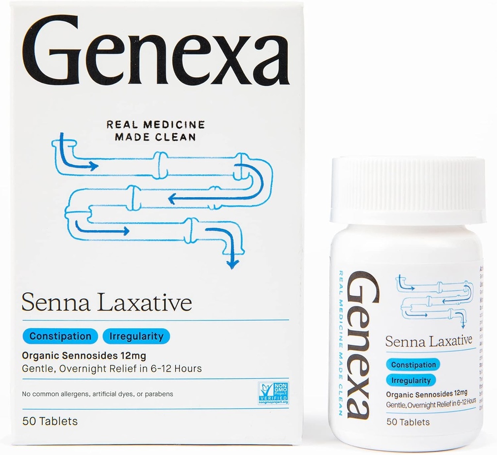 Genexa Senna Laxative Tablets CLAS124; Nepravidelnost & Zácpa Relief CLAS124; Efektivní Gentle, Overnight Laxative CLAS124; Bez Talc CLAS124; Certified Organic & Non- GMO CLAS124; 50 Tablet