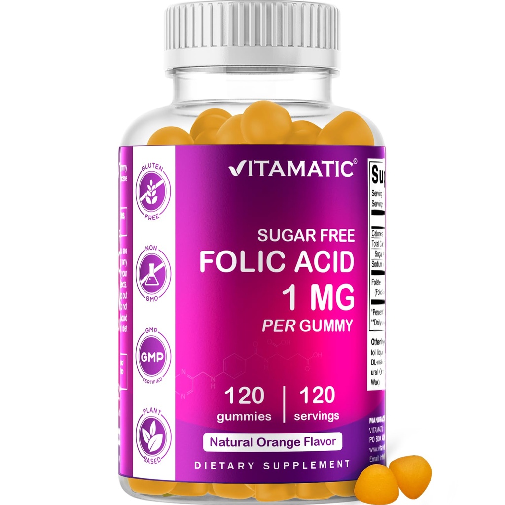 Vitamatická kyselina listová Gummies 1000 mcg (1 mg) - esenciální prenatální vitaminy pro mámu a dítě - Vitamin B9-120 Veganské gumy (1)