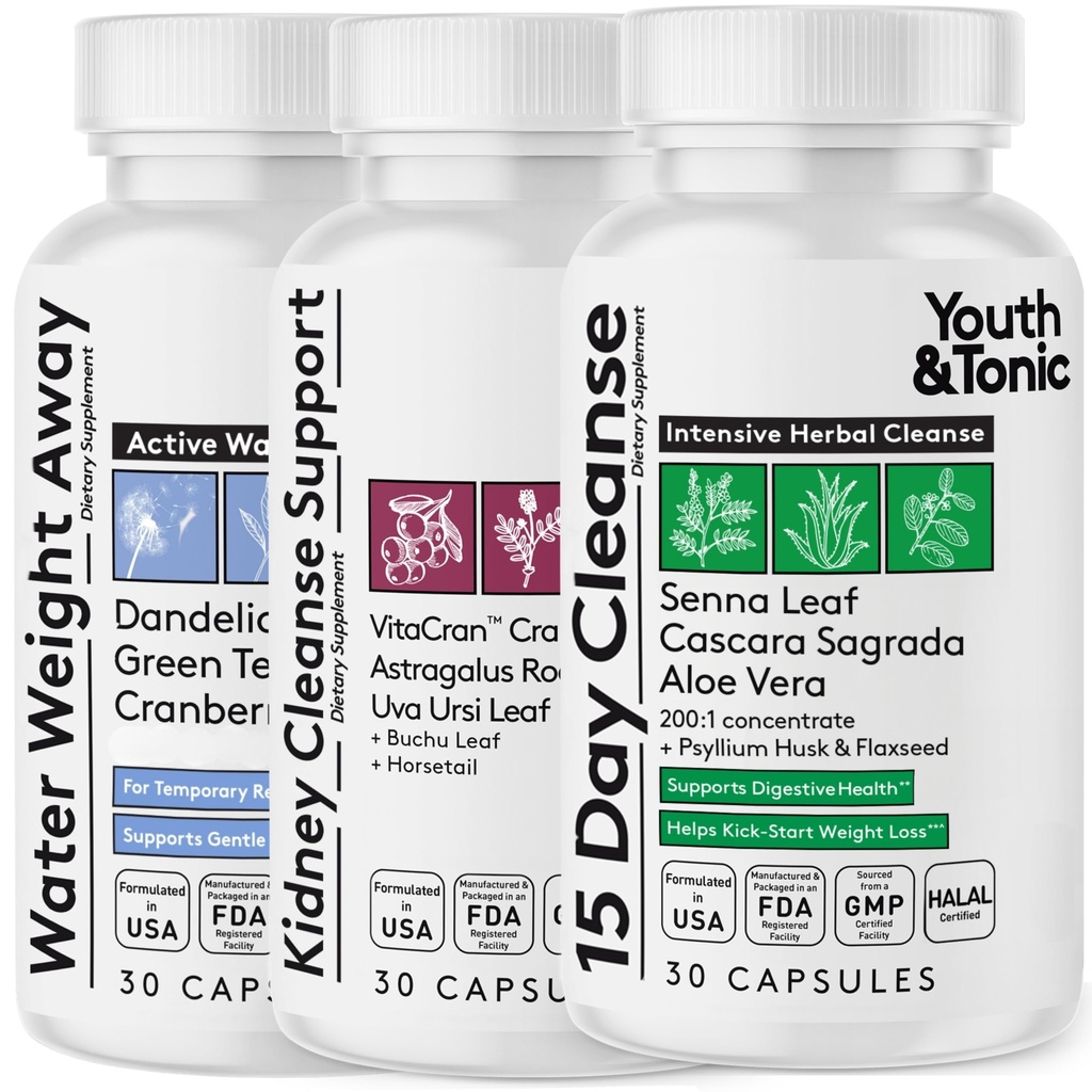 Youth & Tonic Kompletní multi- Organ Detox Support - 15 Day Colon Cleanser & Gut Detox, Ledviny Čistota, Vodní bilance a zdraví jater, 90 pilulky pro ženy a muže