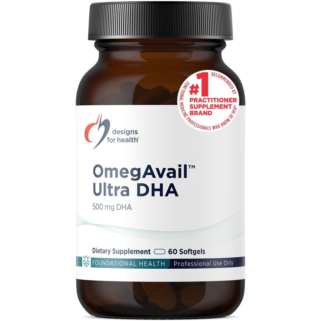 Design pro zdraví OmegAvail Ultra DHA - Vysoce koncentrovaný DHA triglyceridový rybí olej, TG rybí olej s 500 mg DHA + 100mg EPA - No Fishy Aftache (60 Softgels)