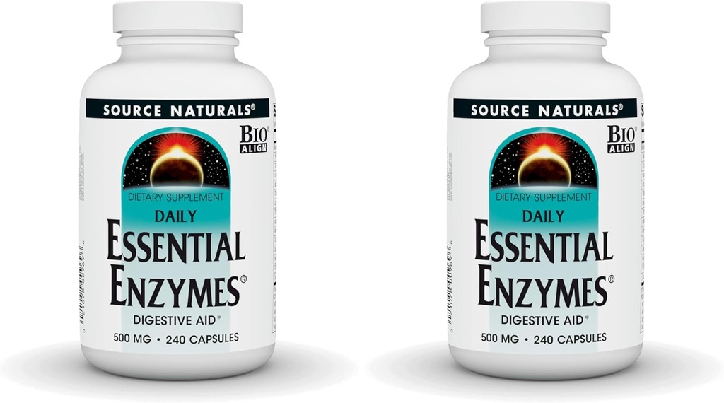Zdroj Naturals Essential Enzymes 500mg Biologicko-Aligned vícečetný doplněk enzymu Bylinné obrany pro potravu, plyn, zácpa a nadýmání Relief - Podporuje imunitní systém - 240 Kapsle (Balení 2)